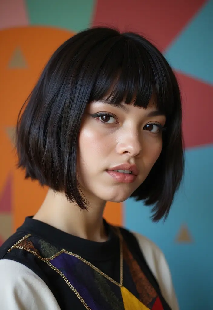 28 Blunt Bob with Bangs Hairstyles Sleek, Sharp and Sophisticated 19 28 Blunt Bob with Bangs Hairstyles Sleek, Sharp and Sophisticated - 17. Blunt Bob with Geometric Bangs