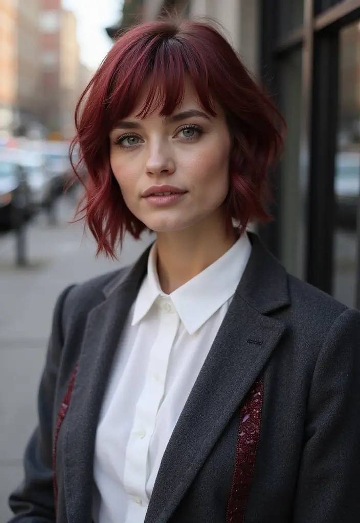 29 Red Hair with Highlights Ideas for a Fiery New Look 11 29 Red Hair with Highlights Ideas for a Fiery New Look - 11. Charcoal and Burgundy Ensemble