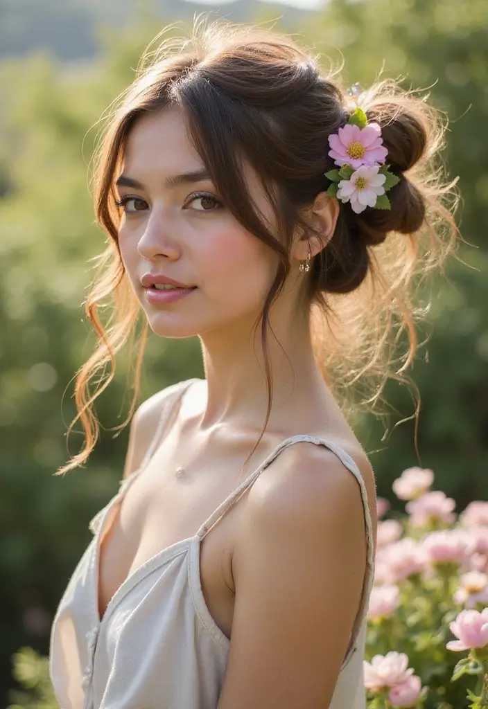 30+ Delightful Prom Updos For Long Hair That Will Wow Everyone 23 30+ Delightful Prom Updos For Long Hair That Will Wow Everyone - 21. Soft Messy Bun with Hair Flowers