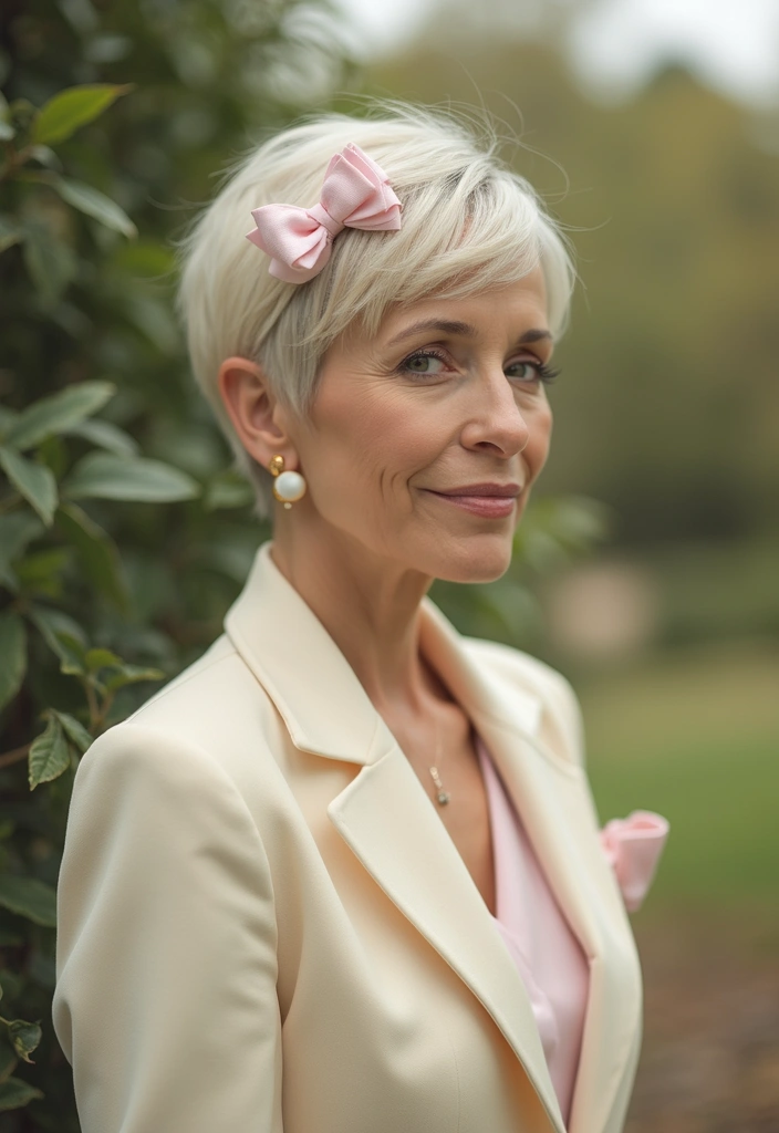 30 Pixie Haircuts for Women Over 50 That Look Youthful and Modern 28 30 Pixie Haircuts for Women Over 50 That Look Youthful and Modern - 25. Pixie with a Bow Detail