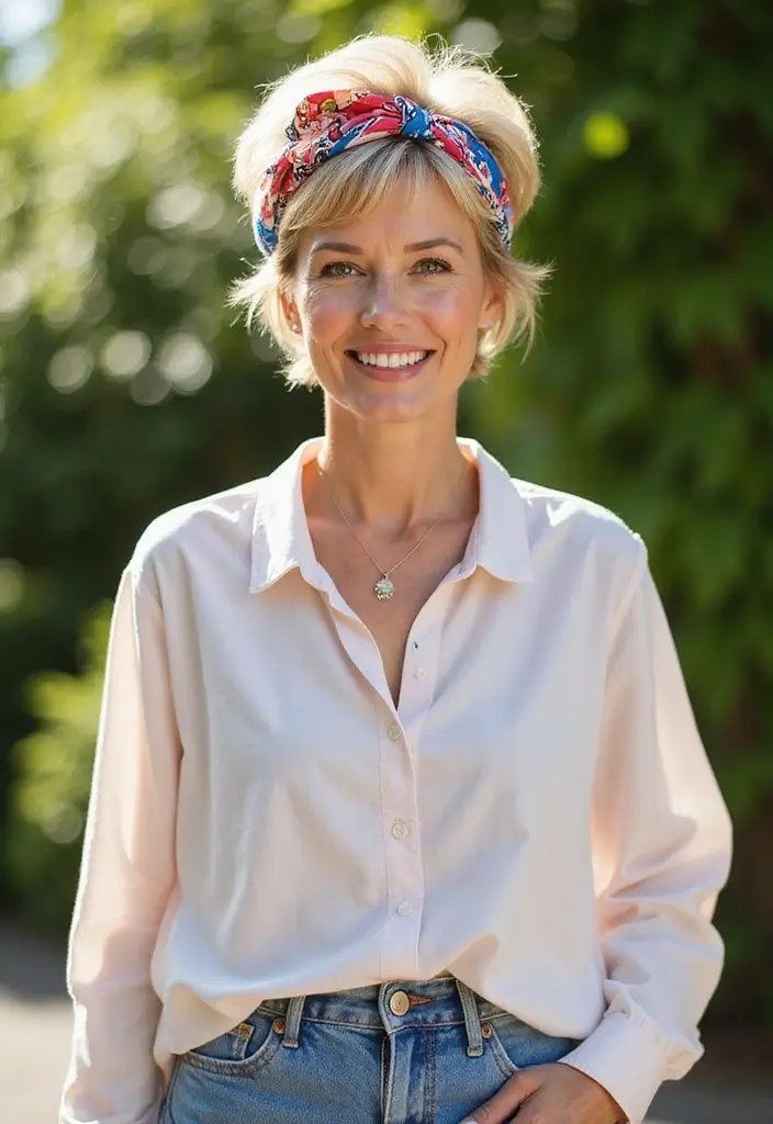 30 Pixie Haircuts for Women Over 50 That Look Youthful and Modern 30 30 Pixie Haircuts for Women Over 50 That Look Youthful and Modern - 27. Playful Pixie with a Bandana