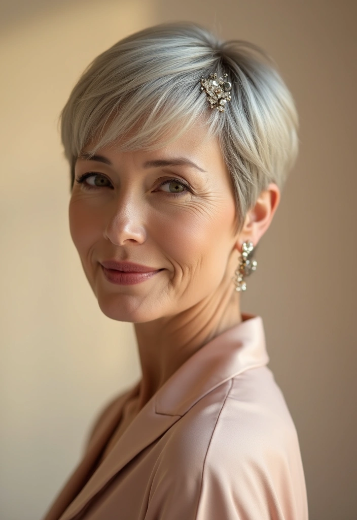 30 Pixie Haircuts for Women Over 50 That Look Youthful and Modern 31 30 Pixie Haircuts for Women Over 50 That Look Youthful and Modern - 28. Pixie with an Elegant Clip